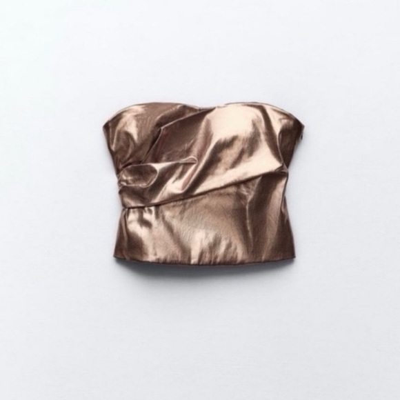 🌟 ZARA COPPER FAUX LEATHER METALLIC OPEN SHOULDER CROP TOP! - Picture 14 of 15